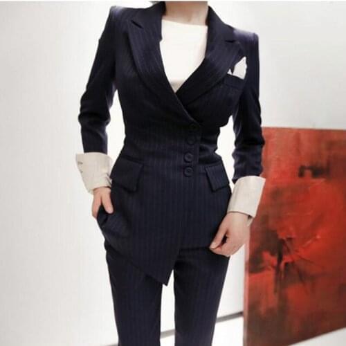 Suit female 2019 autumn temperament professional casual striped small suit + slim trousers elegant two-piece womens fashion
