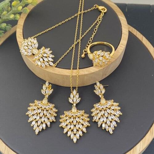 Lanyika Fashion Jewelry Set Luxury Peacock tail Zirconia Pave Necklace with Earrings, Bracelet and Ring for Woman Banquet Gifts
