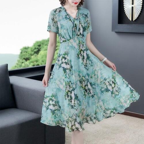 Summer Elegant Green Floral Mulberry Silk Dress 2021 Vintage 3XL Plus Size Chiffon Beach Dress Women Print Bodycon Party Vestido