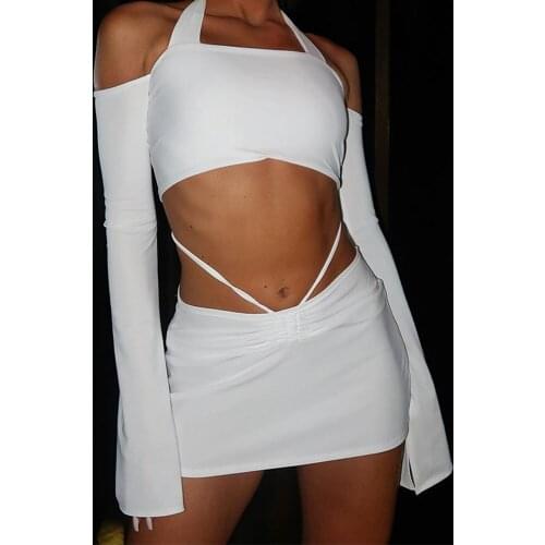 Macheda Women Autumn Solid Slim Two Pieces Set Halter Off Strapless Long Sleeve Top And High Waist Mini Skirt Outfits Lady