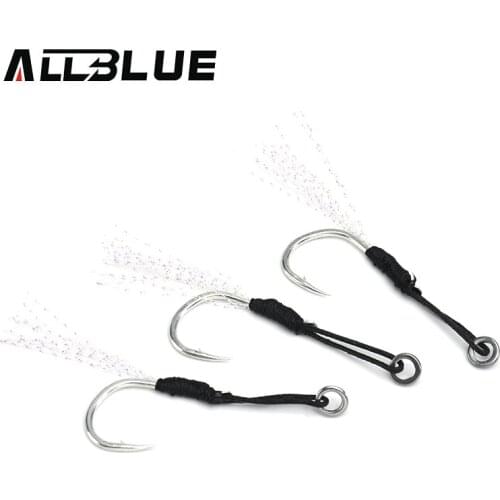 ALLBLUE 6pcs/lot Metal Jig Assist Hook With PE Line Feather Solid Ring Jigging Spoon Saltwater Fishhook for 10-60g Lure