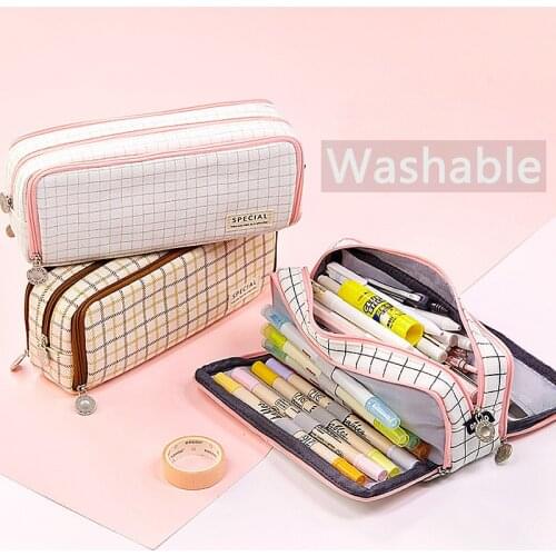 Lattice Cute School Pencil Case Canvas Multilayer Large Capacity Kids Pencil Box Kawaii Pensil Case Pen Bag Estuche Escolar Etui