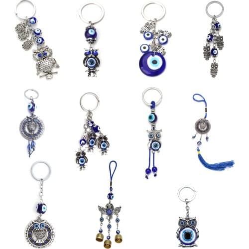 Trendy Owl & Blue Evil Eye Keychain Car Key Ring Handbag Charm Pendant Jewelry Gift for Protection and Blessing Cute Accessories