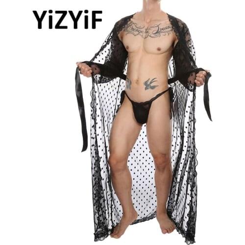 Men Sexy Nightwear Dot Pattern See-through Mesh Lace Trim Kimono Bathrobe Belted Night-Gown with Lace-up G-string Male Outfits