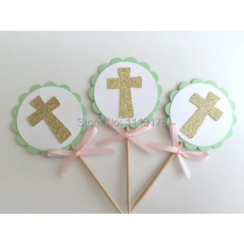 MINT & Gold Baptism Cupcake Toppers. First Communion, Confirmation, Christening wedding party cake topper