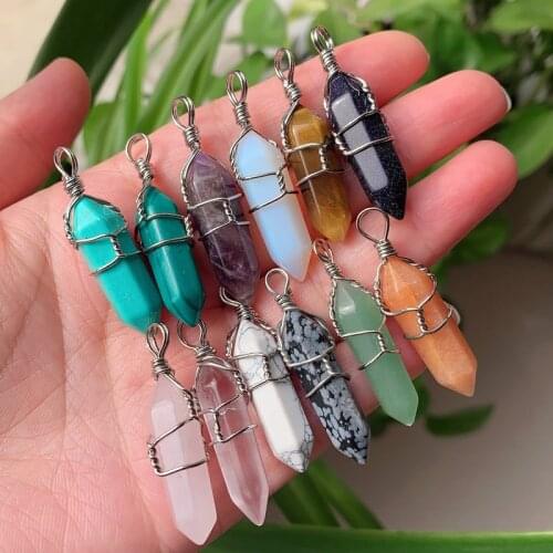 Natural Gems Stone Pendant Wire Wrap Hexagonal Bullet Amethysts Quartz Pink Crystal Necklace Pendulum Chakra Pendulo Healing