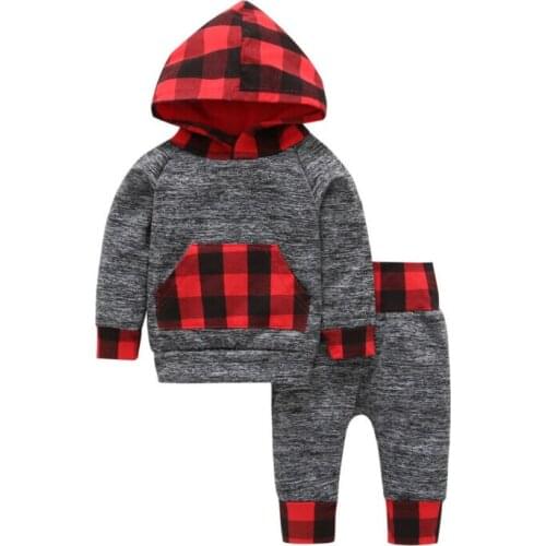 Baby Clothes Casual Toddler Kids Baby Girl Boy Winter Clothes Long Sleeve Hooded Plaid Tops Pants 2PCS Outfit