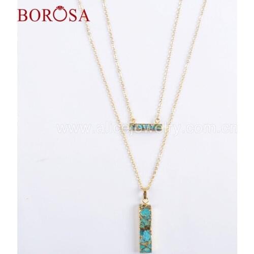 BOROSA 3/5PCS Natural Turquoises Double-layer Chain Necklace, 16"&24"chains Bar Turquoises Pendant Necklace G1672