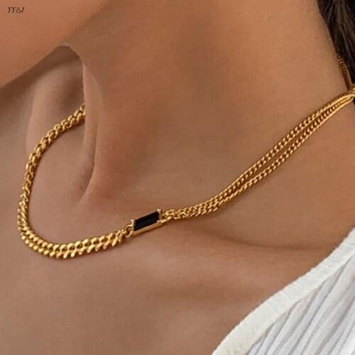 Black square stone layered splicing chain necklace for women 2021 gold stainless steel necklace punk boho cool stuff