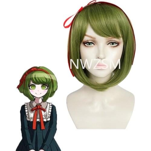 Anime Danganronpa: Trigger Happy Havoc Monaca Towa Wig Cosplay Costume Dangan Ronpa Green Short Clip Ponytails Hair Wigs