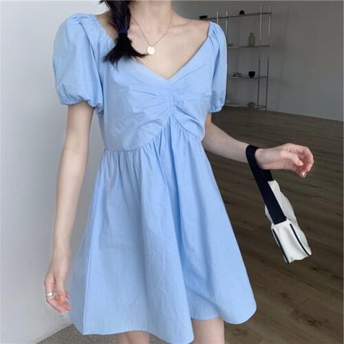 Dress Womens Summer 2021 New High Waist Bellflower Sweet First Love Small Puff Sleeve Dress