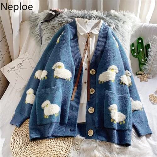Neploe Thicken Sweater Coat Women Cartoon Knitted Cardigan 2021 Autumn Winter Single Breasted V Neck Loose Knitwear Jacket 4C215