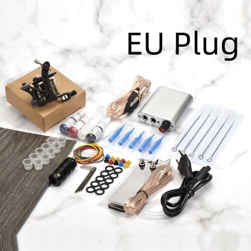 Complete Tattoo 8 Wrap Coils Tattoo Gun Machine Kit 4 Colors Inks Grips Tubes Needles Power Supply For Beginner Tattoo Motor Set