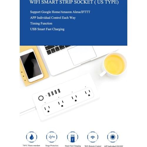 US standard WiFi US Standard Power Strip Socket With 4 USB + 3 Way Socket Timer Function Compatible with Tuya APP