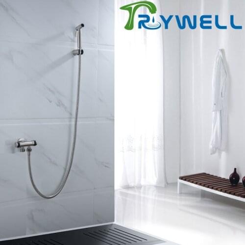 TRYWELL 304 Stainless Steel 1 in 2 Out 2 Way Two Angle Valve Water Tap Bathroom Sprayer with Bidet Holder
