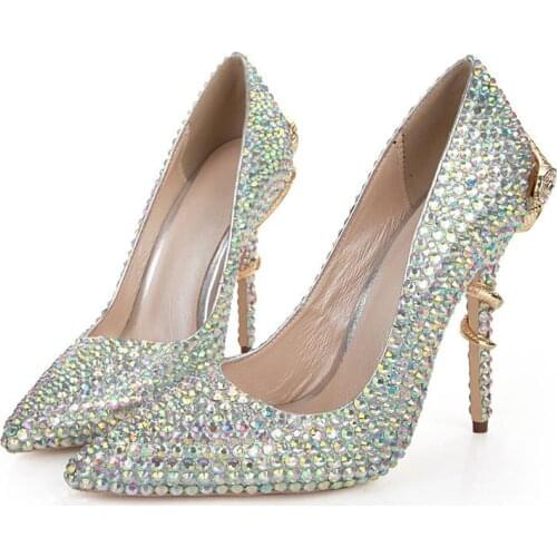 Wedding Shoes Genuine Leather High Heel Shoes Women Colorful Diamond Pointed Serpentine Thin Heels Bride Bridesmaid Single Shoe