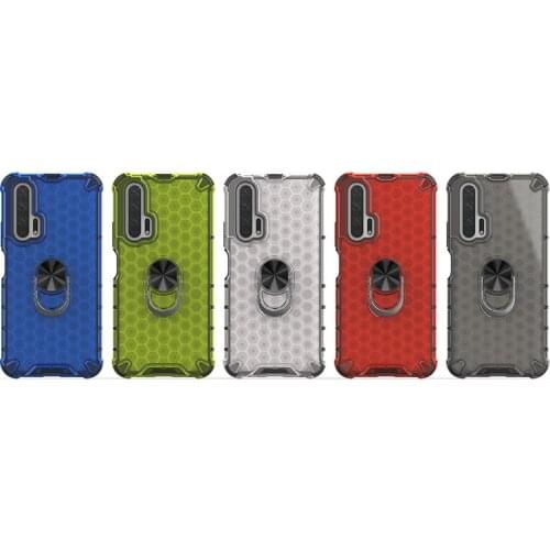 Shockproof Honeycomb TPU Clear Slim Phone Case for Honor 20 Pro with Metal Magnetic Ring Holder Full Body Protection Cover Case