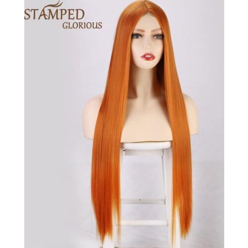 Stamped Glorious Orange Long Straight Hair Synthetic Wig For Women Cosplay Wig Middle Part Daily/Party Heat Resistant Hair Wigs