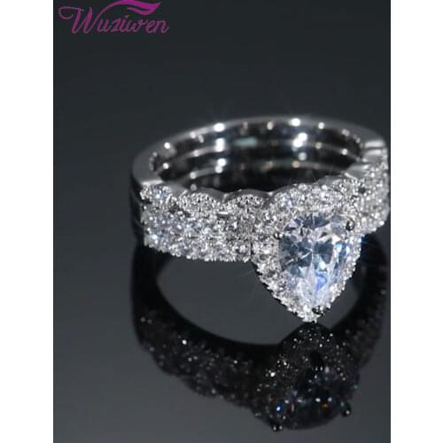 Wuziwen 3 Pcs 925 Sterling Silver Wedding Engagement Rings Set For Women Pear Shape AAA Zircons Eternity Bands Size 5-12