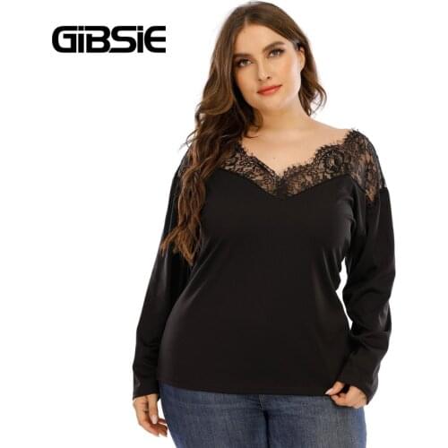 GIBSIE Plus Size Black Lace Insert Neck T Shirt Women Autumn Long Sleeve V-Back Ladies Tees Loose Knit Casual T-Shirt and Tops