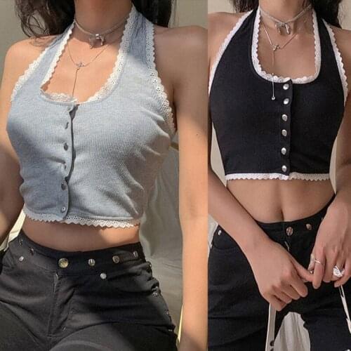 Women Summer Sexy Halter Button Down Top Sweet Lace Trim Patchwork Slim Camisole Ribbed Knit Solid Color Vest Shirt
