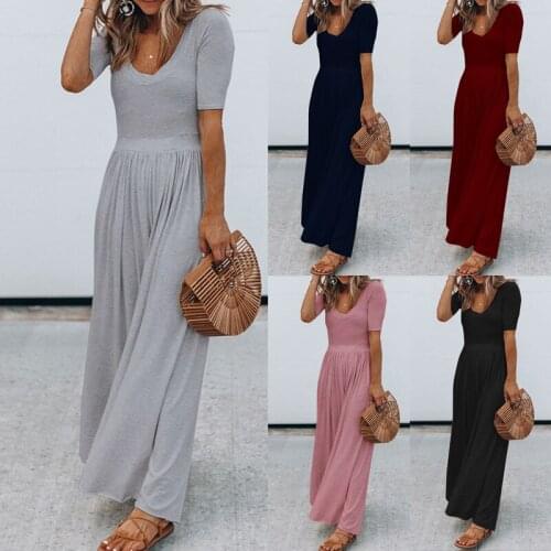 Womens New Round Neck Regular Short-sleeved Long Dress Casual Loose Polyester Plus Size Solid Color High-waisted Waist Dress