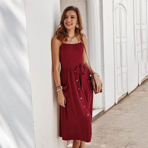 Womens Square-neck Button Sling Dresses High Waist Summer Beach Swing Dress with Pocket Solid Color A66