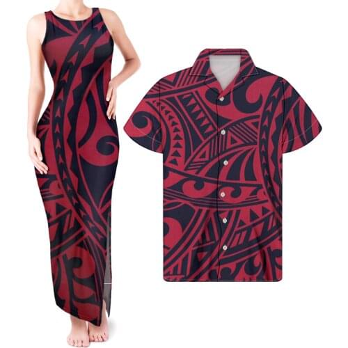 HYCOOL Womens Sexy Sleeveless Red Long Evening Dress Polynesian Stripe Print Dresses Plus Size Women Maxi Dresses Couple Outfits