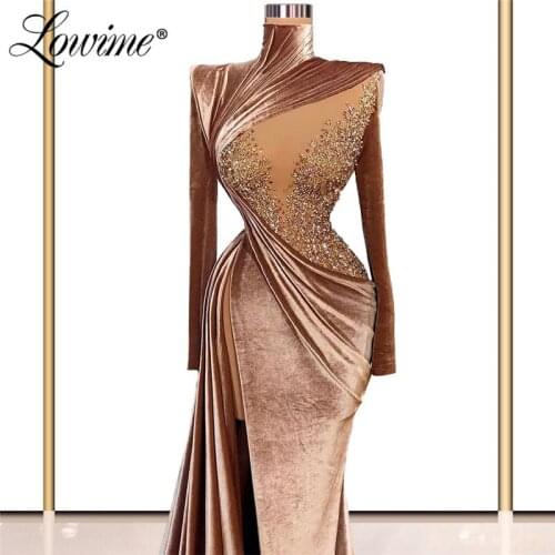 Lowime Abendkleider 2021 Velvet Long Sleeves Moroccan Kaftan Muslim Evening Gowns Pleat Arabic Mermaid Dubai Formal Party Dress