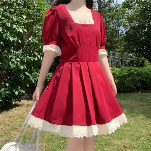 Zoki Lolita Women Dress Elegant Lace Patchwork A Line Tunic Japan Vintage Girls Midi Dress Black Summer Short Sleeve Vestidos