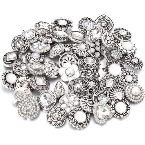 10pcs/lot Wholesale Snap Jewelry 18mm Snap Buttons Mixed White Rhinestone Metal Flower Snaps Buttons for Snap Bracelet Bangle