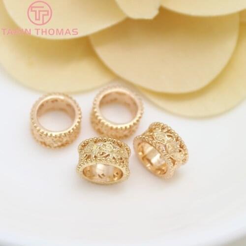 6PCS 5*9MM 24K Champagne Gold Color Plated Brass Hollow Pattern Large Hole Beads Bracelet Beads High Quality Jewelry Accessories
