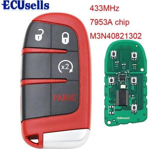 4 Buttons Smart Remote Key Fob for 2014-2018 Dodge Durango Journey 433MHz 7953A chip M3N-40821302 M3N40821302-Red color