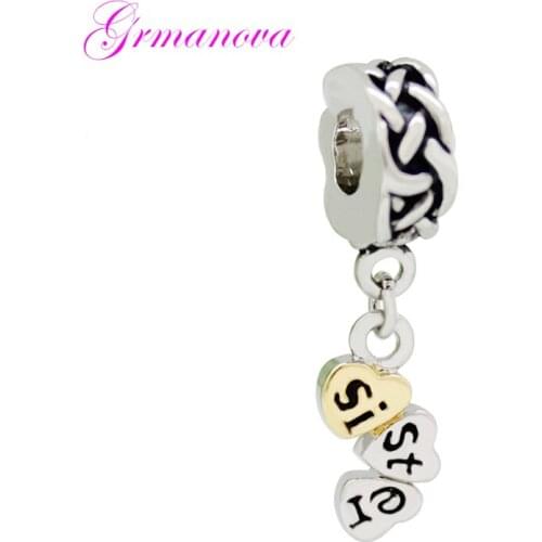 Golden Heart Shaped Sister Pendant European Charm Beads DIY Handmade Ornamental Amulet Fit Pandora Bracelet Necklace
