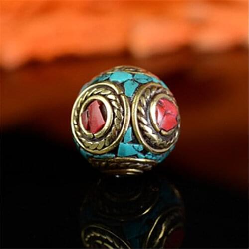 10PCS Handmade Bead from Nepal Tibetan Ethnic Bead Brass Inlay Colorful Stone Ball Beads