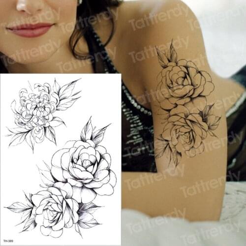 Black big flower Body Art Waterproof Temporary Sexy thigh tattoos rose For Woman Flash Tattoo Stickers 21*15CM peony tattoo arm