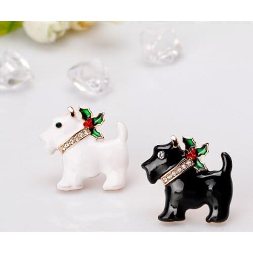 Black White Cute Small Dog Brooches Pins Fashion Originality Animal Christmas Rhinestone Banquet Party Brooch For Women AL382