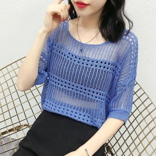 Short Sleeve T Shirt Women Summer New Sexy Chic Hollow Loose Sweet Knitted Wear Cropped Top Shirt Ladies Clothing Tops X214