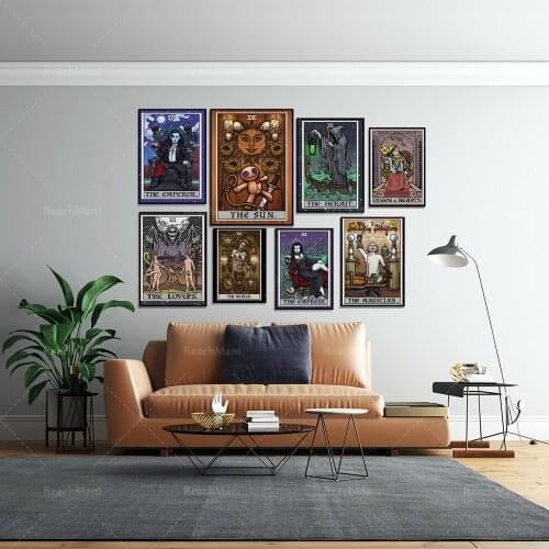 Queen of Hearts Tarot Card, Sun Tarot Card Poster Halloween Voodoo Doll, Ghost, Crying Angel Statue Wall Art Gothic Home Decorat