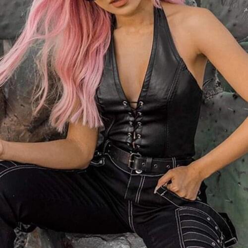 Sexy Punk Black Leather Crop Top Womens Hollow Backless camisole 2021 Summer Vest Fashion Club Party Wear Tank Tops