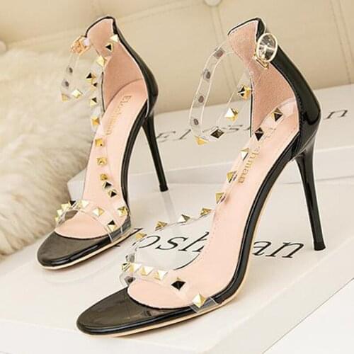 Meriahzheng Summer Thin High Heel Riveting Nail Shallow Mouth Pointed Sexy Nightclub Hollow A- Line Womens Sandals ZWM