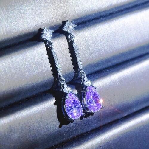 Luxury Pear 925 Silver Long Pendant Purple AAA Cubic Zircon Earring Square Cut Drop Earrings Elegant Crystal Fahsion Jewelry