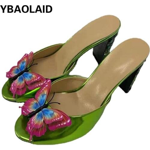 Sweet Bow Gemstone Shaped High-heeled Slippers Summer New Green Patent Leather Thick-heel Sexy Fish Mouth High-heeled Sandals