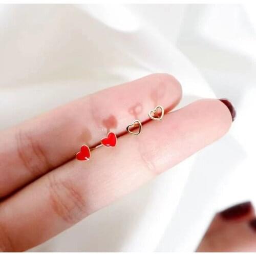 Korean Pop Small Heart Stud Earrings For Women trendy New Tiny Enamel Red Crystals Ear Bone Earstuds Fashion Jewelry Wholesale