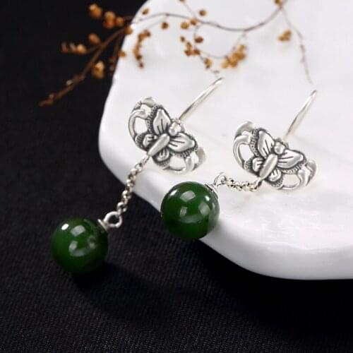 Earings Fashion Jewelry Inlay Hetian Jade Restoring Ancient Ways Bead Butterfly Madam High-grade Pendant Earrings Wholesale