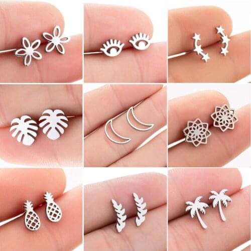 SMJEL Mini Cute Flower Stud Earrings for Women Girls Various Earings Jewelry Star Stud Earrings Coconut Tree Fashion Brincos
