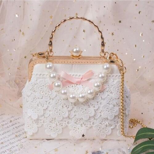 2021 Angelatracy New White Gold Bag Floral Embroidery Japan Lolita Rose Mini Lace Women Metal Frame Tote Crossbody Bag Handbag