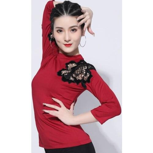 Latin Dance Tops Ladies Sexy Black Lace Round Neck Ballroom Tango Tap Dancing Clothes Practice Wear Red Black Latin Top 1967