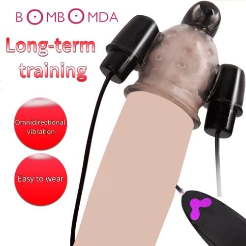 Penis Head Vibrator For Men Glans Trainer Delay Ejaculation Adult Sex Toys For Men Masturbator Cock Sleeve Three Bullet Vibrator
