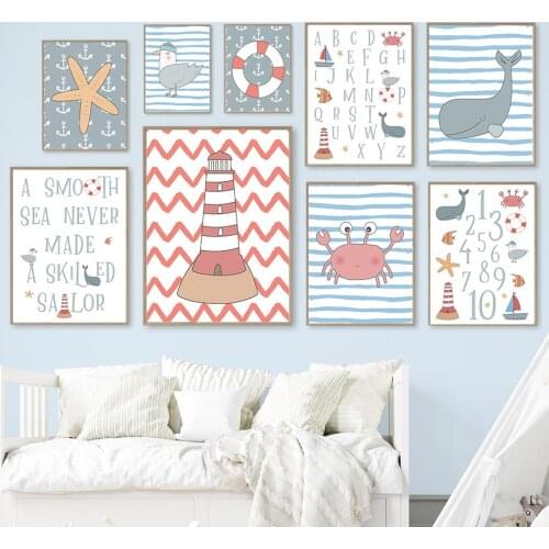 Vintage Wall Art Canvas Painting Kawaii Nursery Sea Animals Nordic Posters And Prints Wall Pictures Kids Boy Bedroom Decor Mural